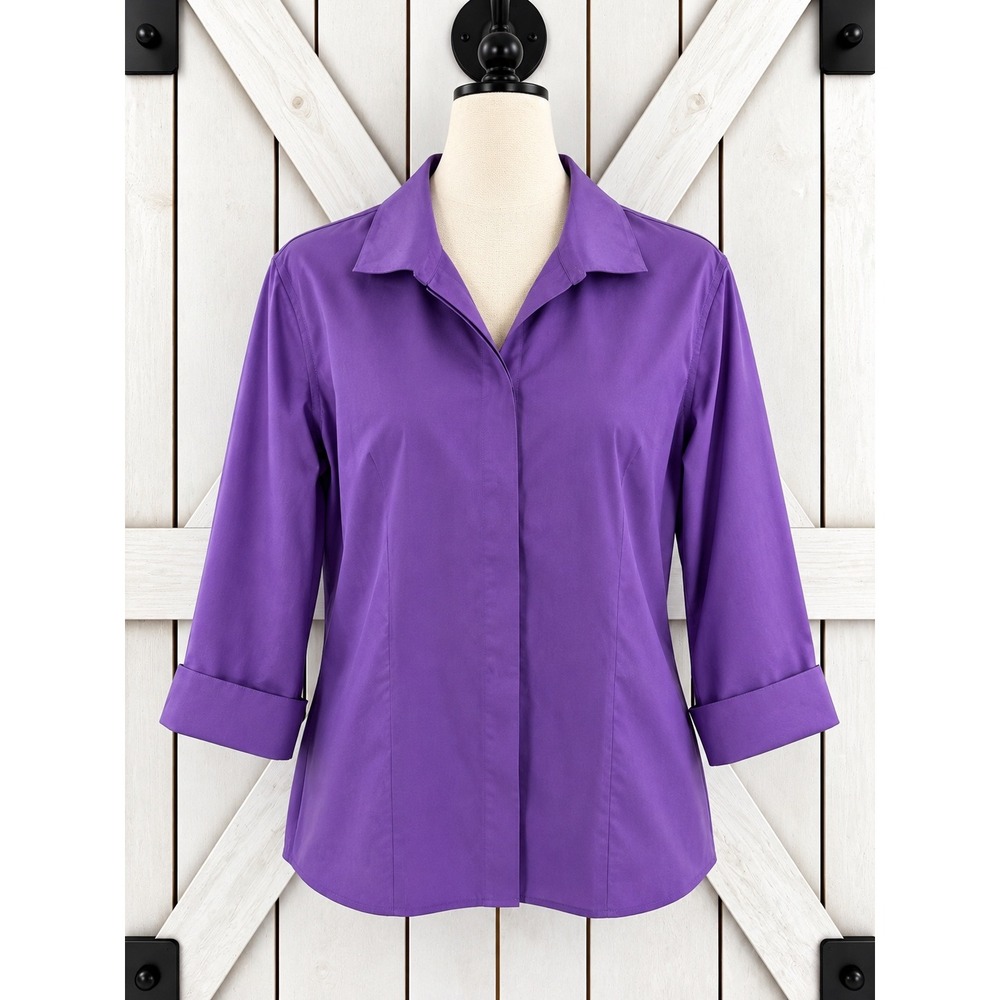 Chico's No-Iron Button Down Shirt Size 3 XL Purple 3/4 Sleeve Cotton Top